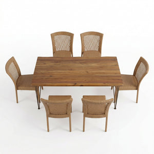 English Elm 7 Piece Outdoor Dining Set Acacia Wood Live Edge Table Woven Rattan Chairs Patio N762S000027AAA