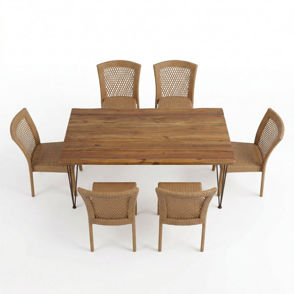 English Elm 7 Piece Outdoor Dining Set Acacia Wood Live Edge Table Woven Rattan Chairs Patio N762S000027AAA