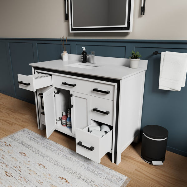 English Elm White Bath Vanity 48x22 with White Quartz Top, Soft-Close Drawers, Mirror Included, Durable Finish B2731S00805