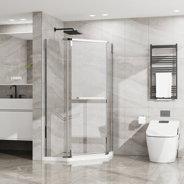 English Elm Goodyo Neo-Angle Frameless Shower Door 36x36x72 Corner Enclosure with 1/4" Tempered Glass, Matte Finish, 304 Stainless Hardware, Easy-Clean Chrome D163107682