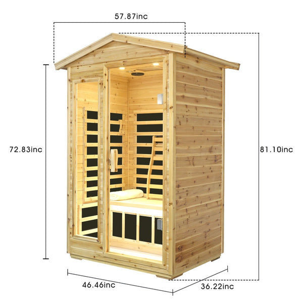 English Elm Two Person Far Infrared Outdoor Sauna Fir Wood Cabin with Bluetooth and Lcd Control W632S00031