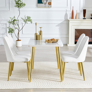 English Elm Table and Chair Set Marble Glass Top Gold Legs Pu Leather Seats Modern Dining White+Gold W1151S04635
