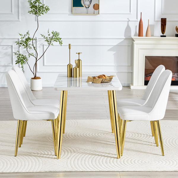 English Elm Table and Chair Set Marble Glass Top Gold Legs Pu Leather Seats Modern Dining White+Gold W1151S04635