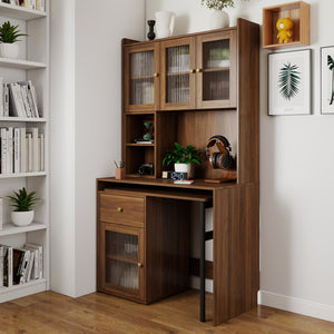 English Elm Computer Desk with Glass Doors and Hutch, Spacious 4-Cabinet Storage, Drawer & Rotating Top Walnut W331S00195