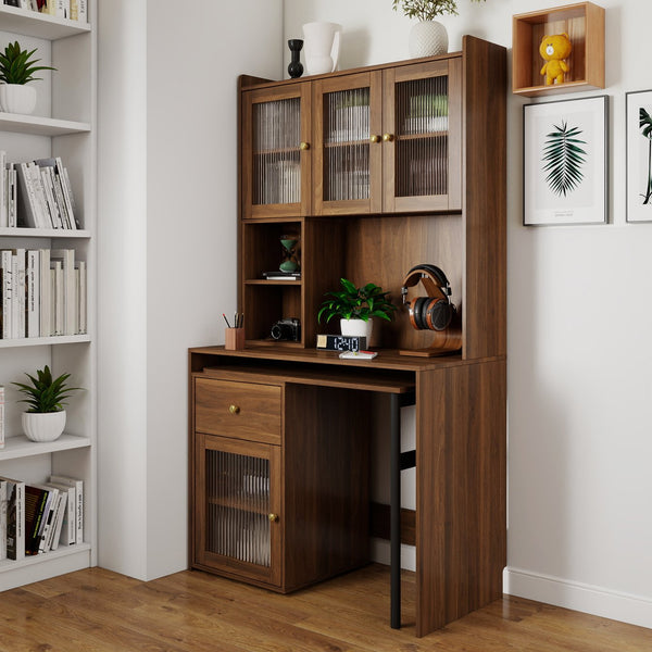 English Elm Computer Desk with Glass Doors and Hutch, Spacious 4-Cabinet Storage, Drawer & Rotating Top Walnut W331S00195