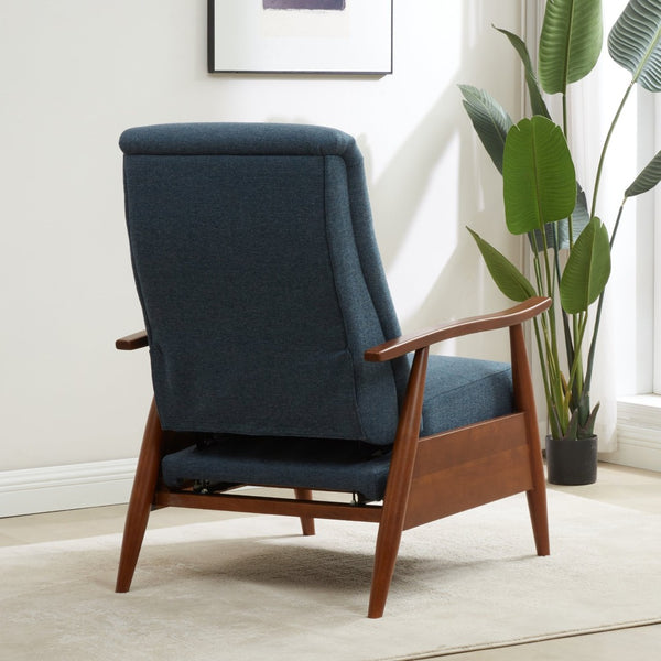 English Elm Tustin Mid-century Push Back Recliner with Chestnut Wood Arms and Performance Fabric Blue B050P429144