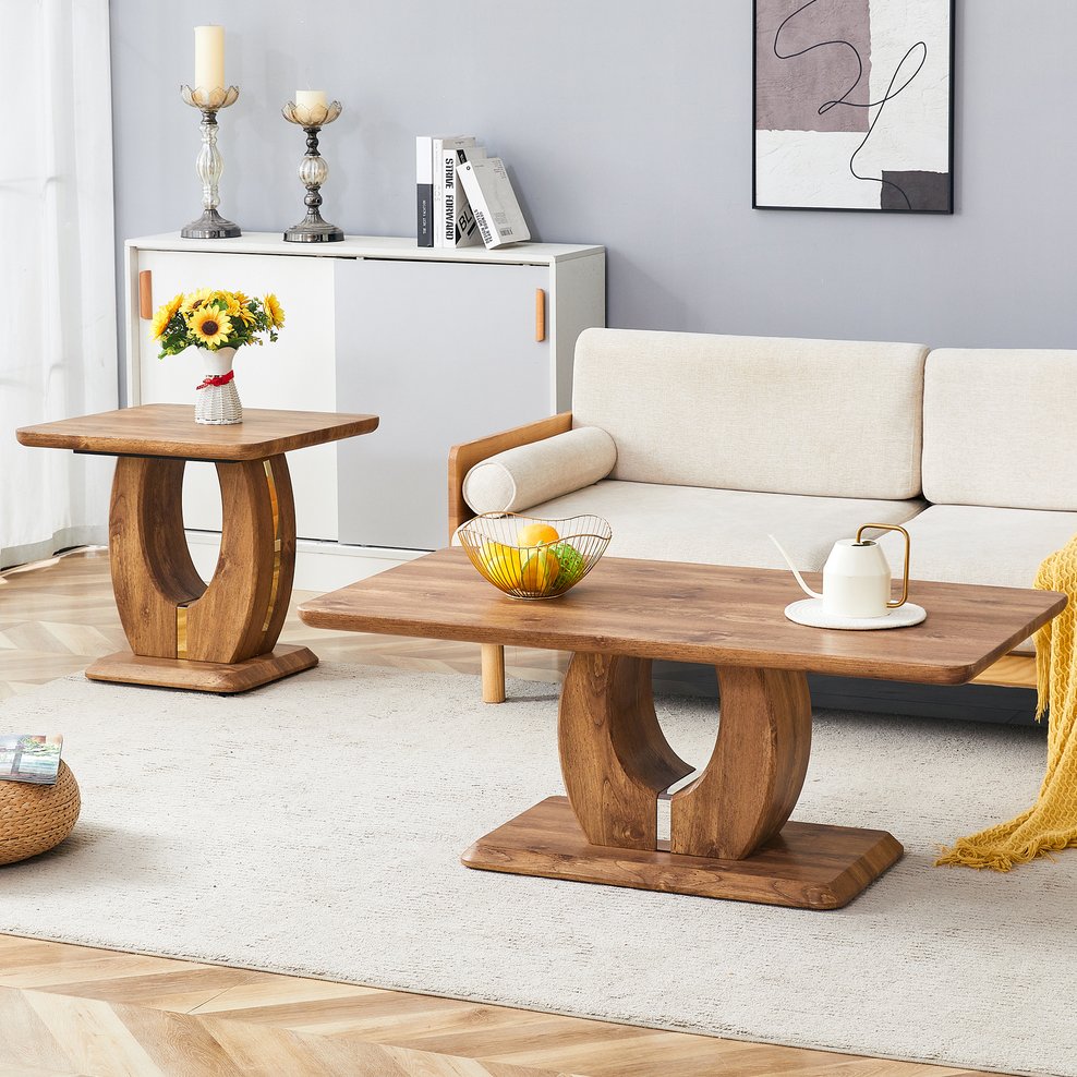 English Elm Modern Minimalist Wood-Tone Mdf Coffee Table Set - Stylish Square & Rectangular Design For Your Home W1151S01848