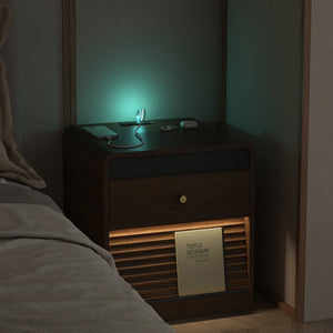 English Elm Nightstand Smart Bedside Cabinet with Led Strip Charging Station and Voice Night Light Wood W1321P413949