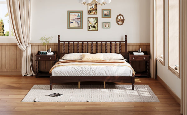 English Elm King Retro Wood Platform Bed with Gourd Headboard, Walnut Finish, Sturdy Slat Support, No Box Spring Needed N733P338316D