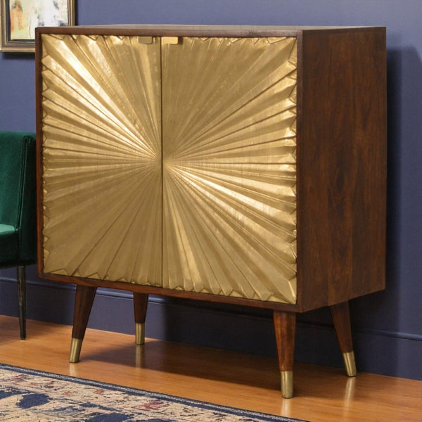 English Elm Solid Mango Wood Cabinet with Brass Plated Doors and Nordic Feet for Living Rooms B182P284339
