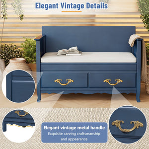 English Elm Trexm Carved Entryway Storage Bench Cushioned Lift Top Pine Frame Antique Style N715P198567M