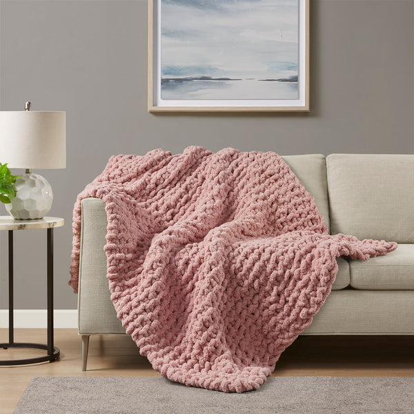 Madison Park Chenille Chunky Knit Casual Throw MP50-7675 Blush