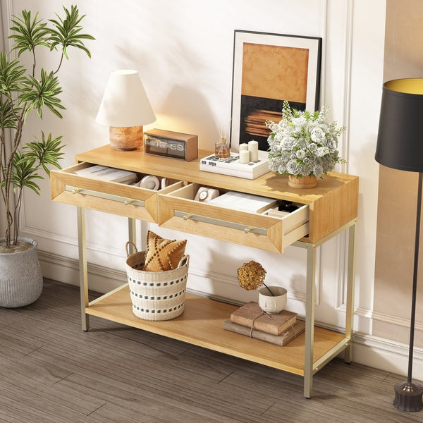 English Elm Trexm Retro Modern Console Table Two Drawers Geometric Matte Black Gold Entryway N715P227910N