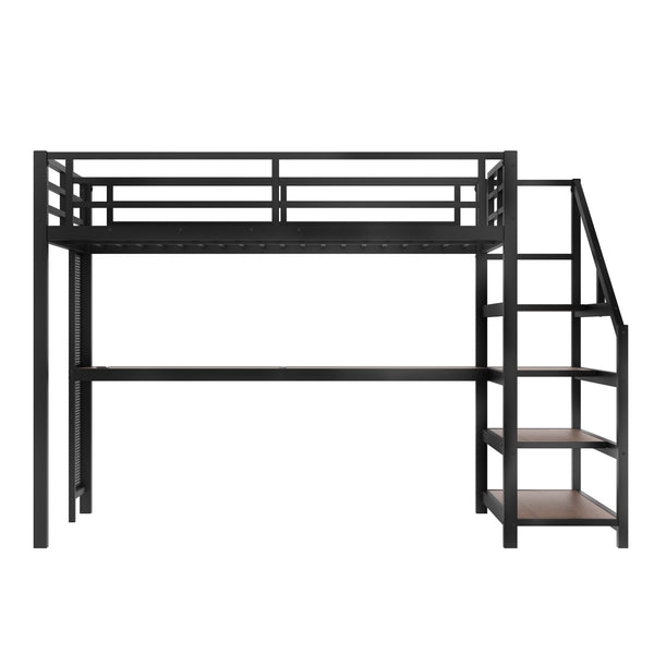 English Elm Full Loft Bed With Integrated Desk, Storage Stairs, Led Lights & Usb Ports For Modern Spaces W1580S00478