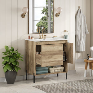 English Elm 30" Modern Wood Bathroom Vanity with Ceramic Sink, Soft-Close Door, Drawer Dividers & Open Shelf N710P247136P