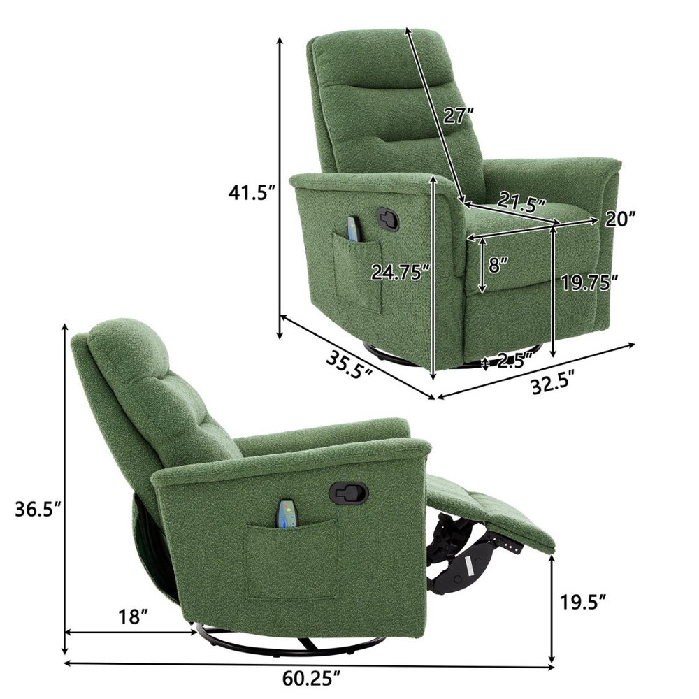 English Elm Manual Recliner Swivel Rocker Boucle Chair with 8-point Massage for Nursery or Living Room Green N763P363763F