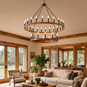 English Elm 47.24 Inch Two-tier Wagon Wheel Chandelier 36-light Wood Grain Metal Farmhouse Foyer Fixture W5008P392657
