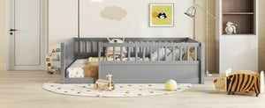 English Elm Full Montessori Floor Bed Frame with Fence for Kids — Pine Play & Reading Space, Sturdy Low Profile Gray W1580P307886