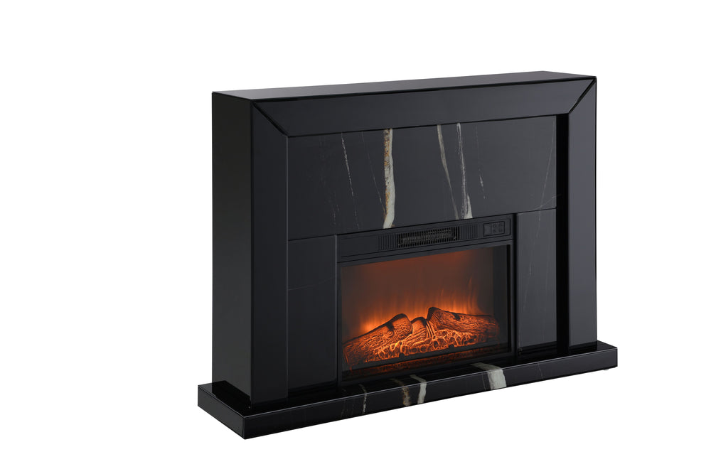 English Elm Drisana Black Mirrored Finish Fireplace - Marble Grain MDF, Tempered Glass, Firecore Heat Technology B2726P247239