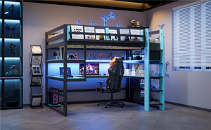 English Elm Full Size Gaming Loft Bed with Rgb Lights Wraparound Shelves and Built-in Usb Ports Blue LT000299AAC