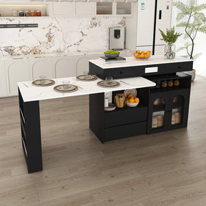 English Elm Kitchen Island Dining Set Marble Veneer Rotating Top Solid Wood Chairs Retro Modern White W2700S00121
