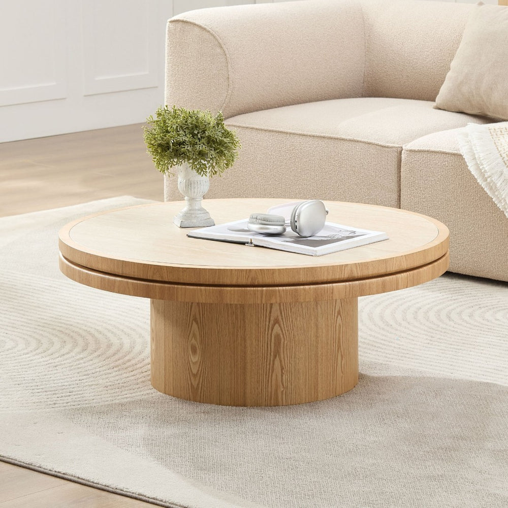 English Elm 35.43 Inch Round Sintered Stone Coffee Table with Mdf Pedestal Base for Modern Living W876S00342