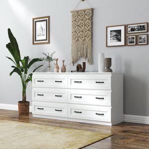 English Elm Modern White 6-Drawer Side Cabinet with Metal Handles – Spacious Wood Chest for Living Room, Bedroom Storage W331S00164