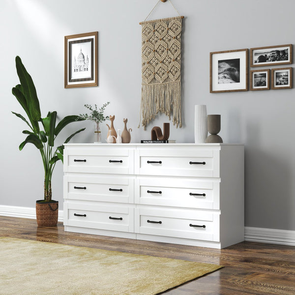 English Elm Modern White 6-Drawer Side Cabinet with Metal Handles – Spacious Wood Chest for Living Room, Bedroom Storage W331S00164