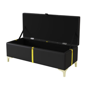 English Elm 2-pieces Queen Platform Bed Set Pu Upholstered Hydraulic Storage with Gold Accent Ottoman N733S362242B
