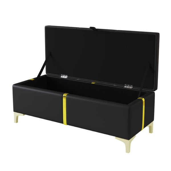 English Elm 2-pieces Queen Platform Bed Set Pu Upholstered Hydraulic Storage with Gold Accent Ottoman N733S362242B