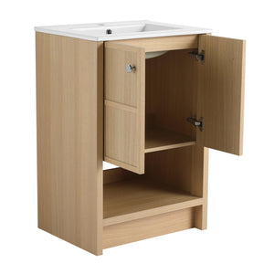 English Elm 24" Freestanding Bathroom Vanity with Ceramic Sink, Oak Finish, 2 Soft-Closing Doors, Open Shelf Storage W1972S00023