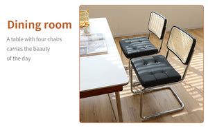 English Elm Dining Mid-Century Cantilever Chairs Set of 2 with Chrome Frame, Rattan Back and Faux Leather Seat Black W2105P230510