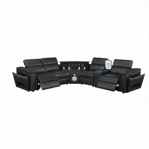 English Elm Nova Entertainment Sectional Sofa with Led Bar Fridge Console and Bluetooth Speaker Black B009S02164