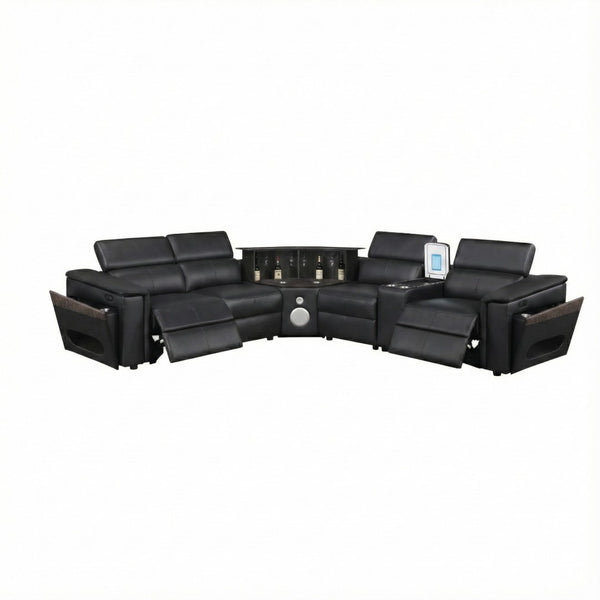 English Elm Nova Entertainment Sectional Sofa with Led Bar Fridge Console and Bluetooth Speaker Black B009S02164