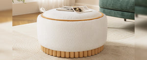 English Elm 29" Round Boucle Storage Ottoman Sculptural Wood Base Reversible Lid Living Room Beige N723P405304A