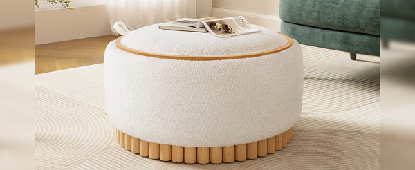 English Elm 29" Round Boucle Storage Ottoman Sculptural Wood Base Reversible Lid Living Room Beige N723P405304A