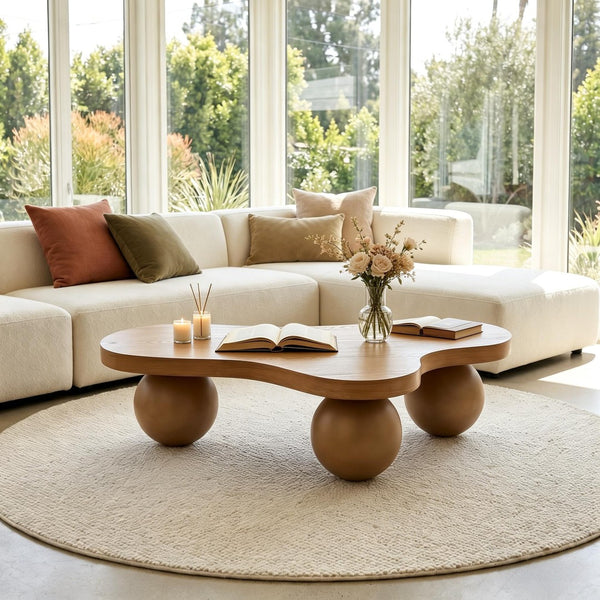English Elm 46 Inch Cloud Shaped Coffee Table with Ash Veneer Top and Sculptural Sphere Legs Brown W3935S00008