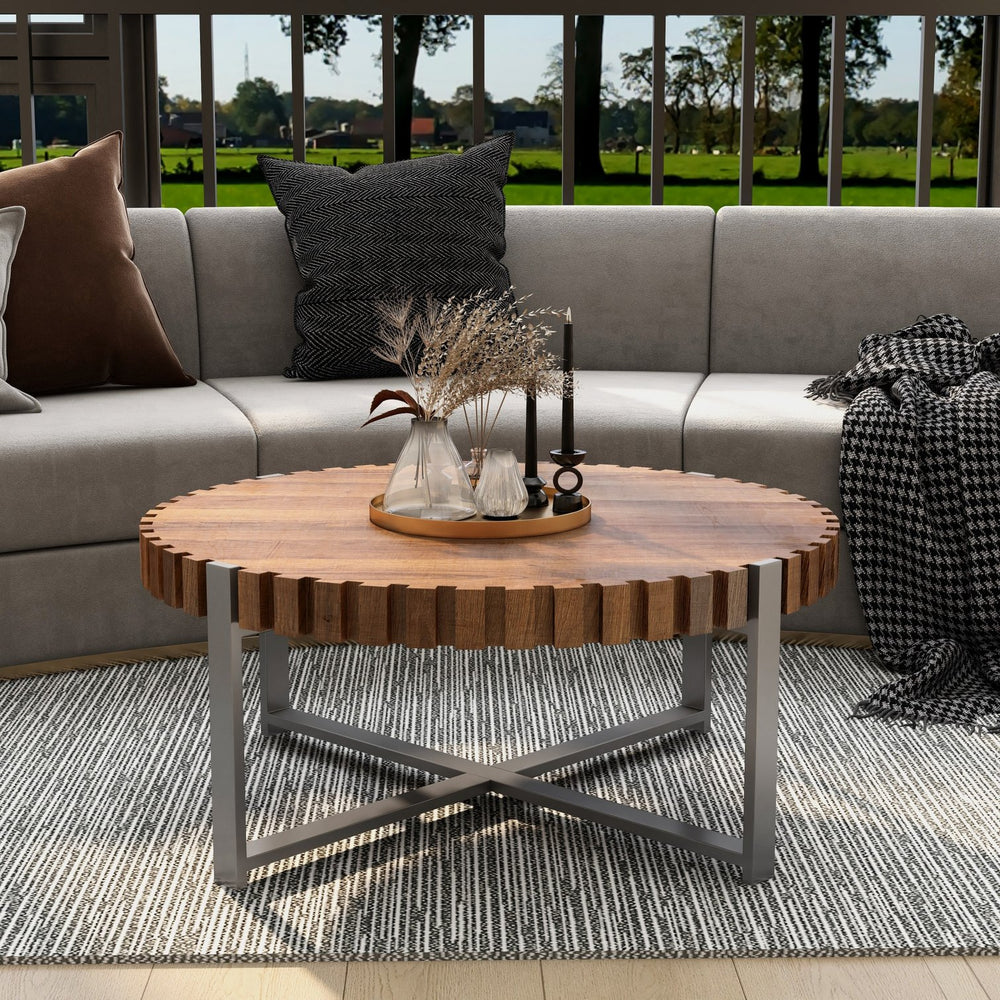 English Elm 31.4-inch Modern Circular Coffee Table with Natural Wood Grain Finish, Handmade Drum Design, Sturdy Base W1727P251174