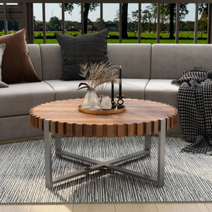 English Elm 31.4-inch Modern Circular Coffee Table with Natural Wood Grain Finish, Handmade Drum Design, Sturdy Base W1727P251174