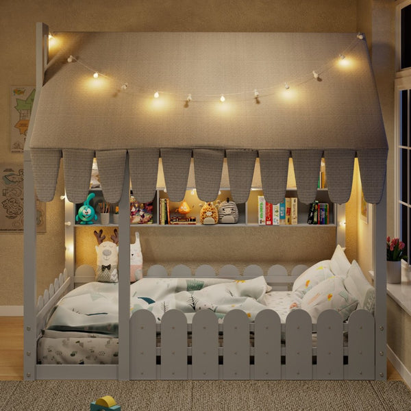 English Elm {slats Are Not Included} Twin Montessori House Floor Bed Kids Tent Lights Shelves Pinewood Frame Gray N708P407963E