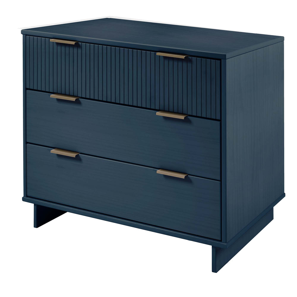 English Elm Granville 38" Dresser In Luxurious Midnight Blue - 3 Drawers, Ribbed Design, Gold Hardware, Modern Glam B365S00077