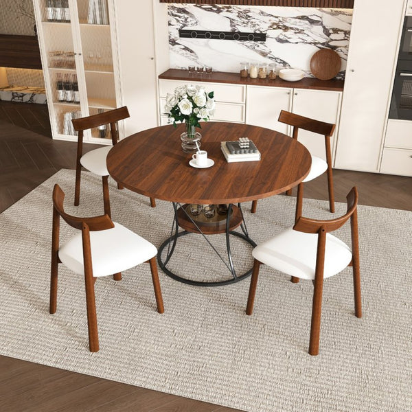 English Elm 43 Inch Foldable Mdf Dining Set with Pu Cushioned Solid Wood Chairs Space Saving Walnut W2700S00128