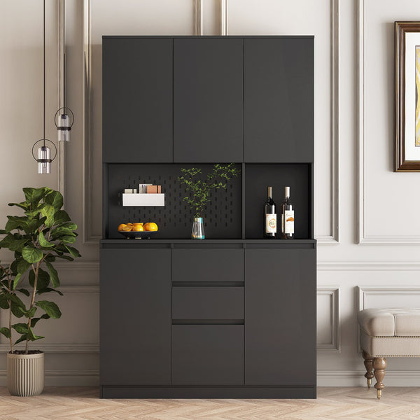 English Elm 74" Freestanding Buffet with Hutch - Black 6-Door Kitchen Pantry Cabinet, 3 Shelves, 2 Drawers, Multipurpose Storage for Laundry, Closet W1321S00005