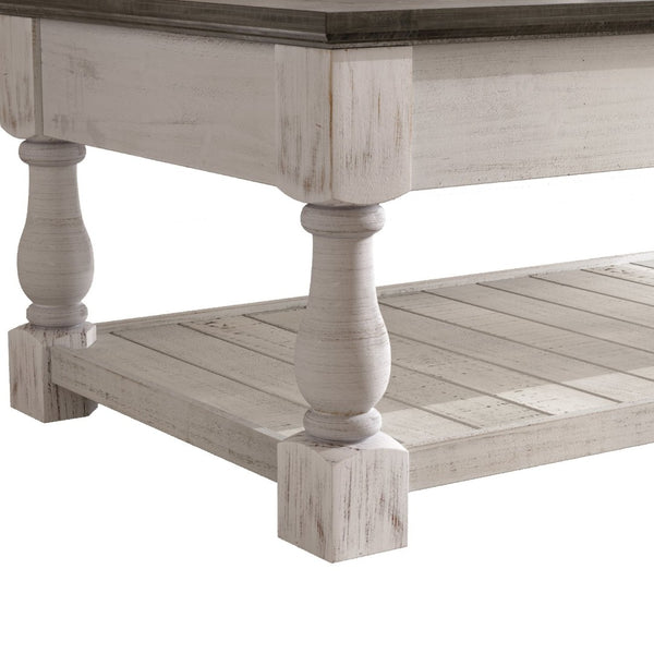 English Elm Farmhouse Coffee Table Solid Planked Wood with Open Shelf Square Baluster Living Room Ancient White,Antique Grey W1445P362856
