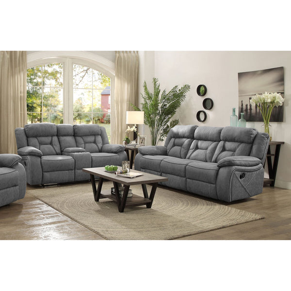 English Elm Orson Grey 2-Piece Reclining Living Room Set with Plush Microfiber, Storage Console, Modern Channeling Elegance B062S00848