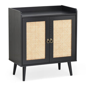 English Elm Sideboard Rattan Door Buffet Cabinet with Baffle Edge, Spacious Storage Credenza for Dining Hallway Black T3623P381057