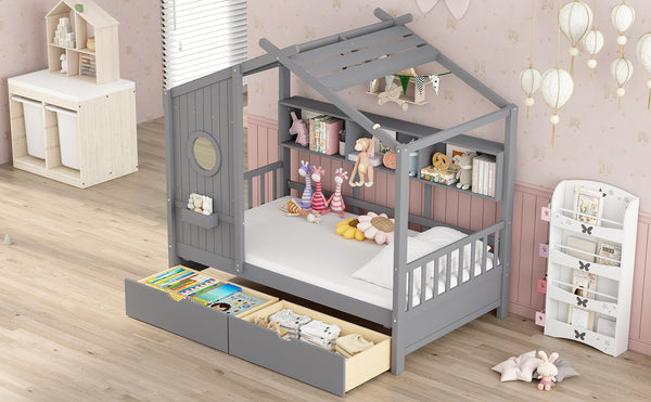 English Elm Wooden Twin House Bed with Roof, 2 Drawers & Back Shelf — Gray Kids Play Bed with Storage HL000051AAE
