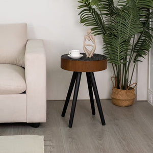 English Elm 15.7-inch Round Carved Mdf Accent Table Distressed Vintage Style for Bedroom or Living Room W3935P406044