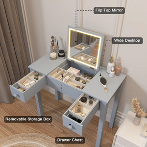 English Elm Multifunctional Vanity Desk with Flip-Top Mirror, 3-Level LED Lighting, Ample Storage for Small Spaces Grey W760P152317