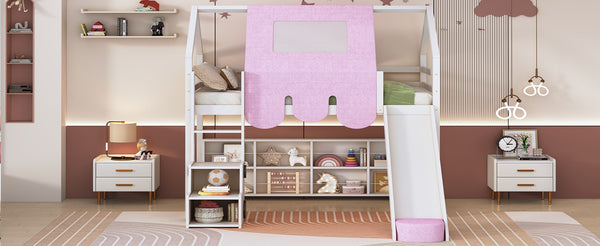 English Elm Twin House Loft Bed with Tent Canopy Slide and Shelves Pinewood Kids Frame White LT000682AAK-1